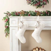 Glitzhome® 21"L White Plush Christmas Stocking with Reindeer Ornament