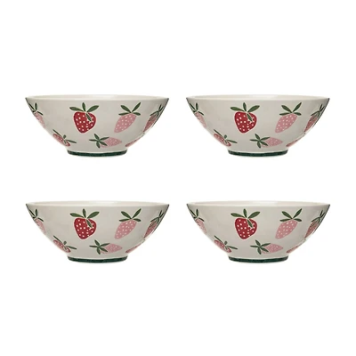 Hello Honey® 10.5" Hand-Painted Wax Relief Strawberries Stoneware Bowls, 4ct.