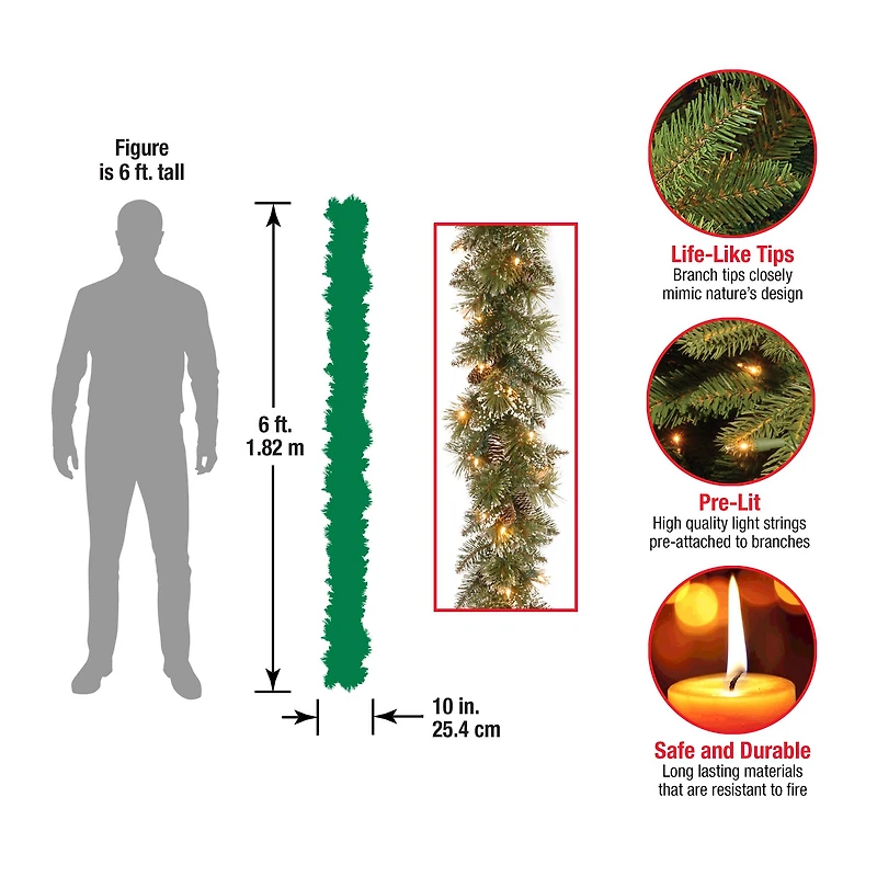 6' x 10" Pre-lit Glittery Bristle® Pine Artificial Christmas Garland with Cones & 50 Battery Operated Soft White LED Lights