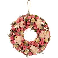 12.5" Pink Wooden Artificial Floral & Berries Spring Wreath