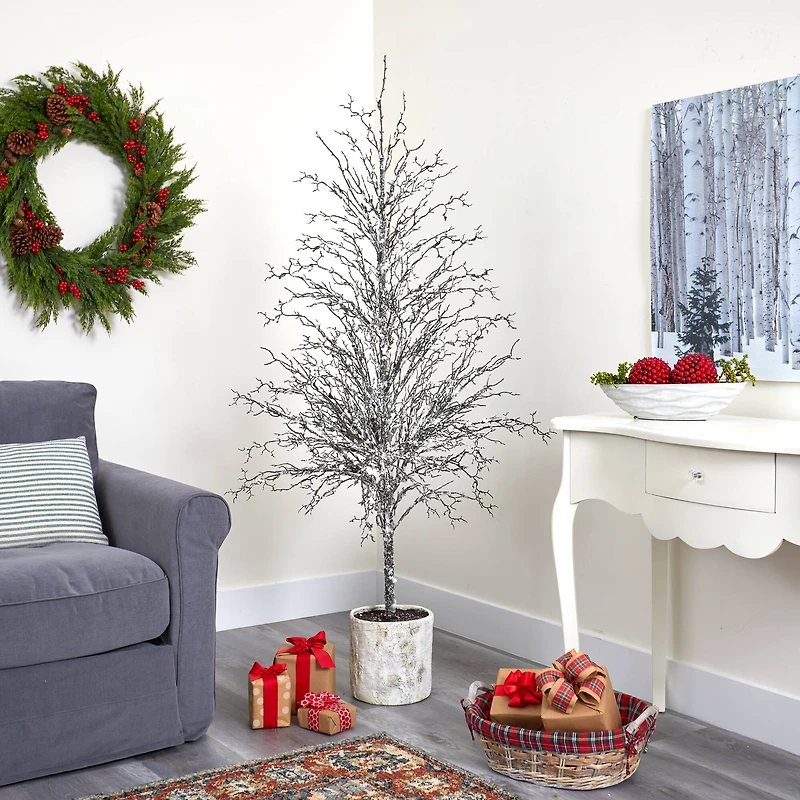 6ft. Unlit Snowed Twig Artificial Christmas Tree in Decorative Planter