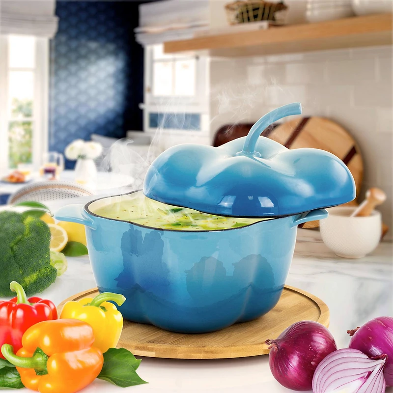 MegaChef 3qt. Blue Pepper Shaped Enameled Cast Iron Casserole