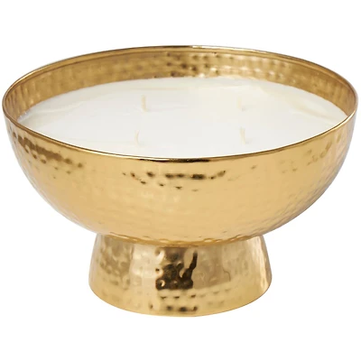 White Wax English Garden Scented Candle with Elevated Wide Hammered Gold Container
