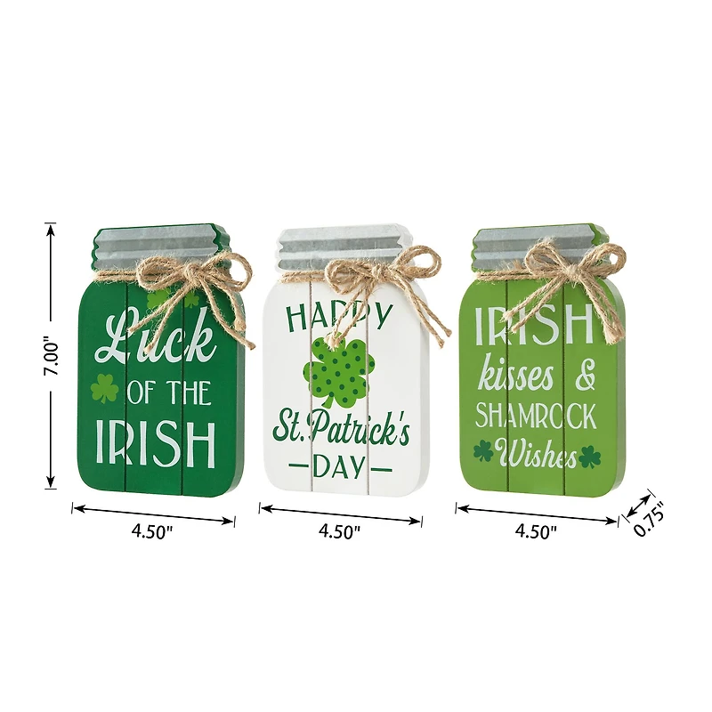 Glitzhome® 7" Set of 3 St. Patrick's Wooden Mason Jar Table decor