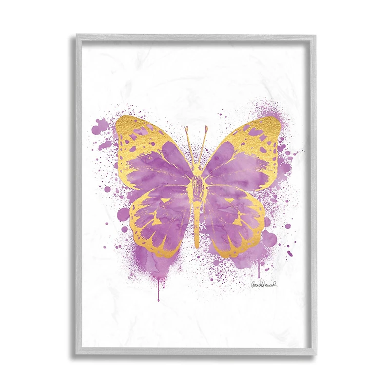 Stupell Industries Purple Butterfly Paint Splatter Glam Insect in Gray Frame Wall Art