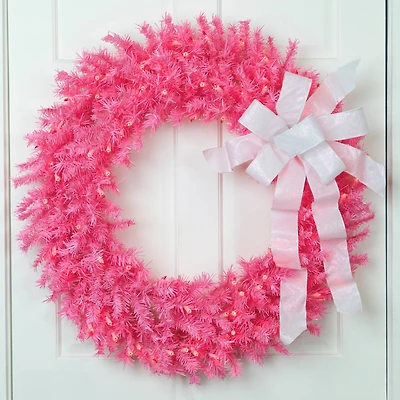 3ft. Pre-Lit Pink Spruce Christmas Wreath, Pink Lights