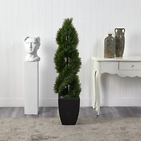5ft. UV Resistant Double Pond Cypress Spiral Topiary Artificial Tree in Black Wash Planter