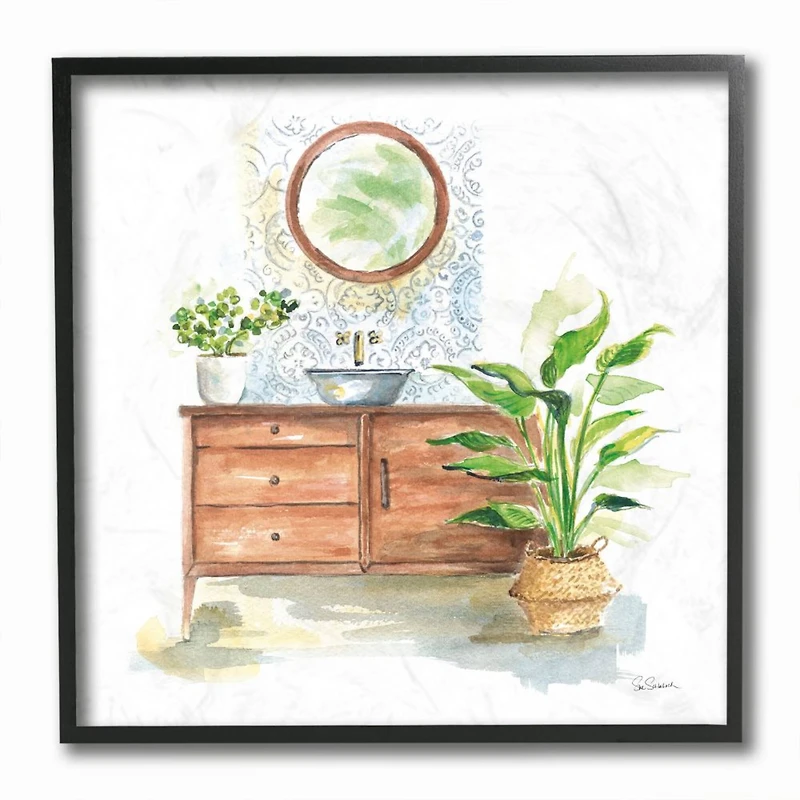 Stupell Industries Home Interior Bathroom Vanity Cabinets Blue Brown Painting,12" x 12"