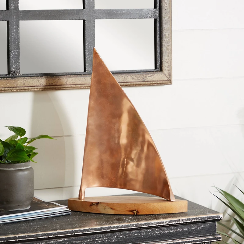 Brown Aluminum Coastal Sail Boat Sculpture, 13" x 18"