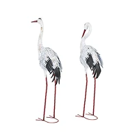 Tall White Textured Metal Crane Garden Sculpture Set