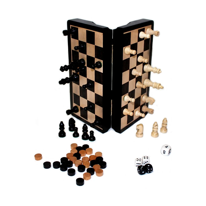 Classic Game Collection 8" Magnetic Dark Wood 3-in-1 Game Set