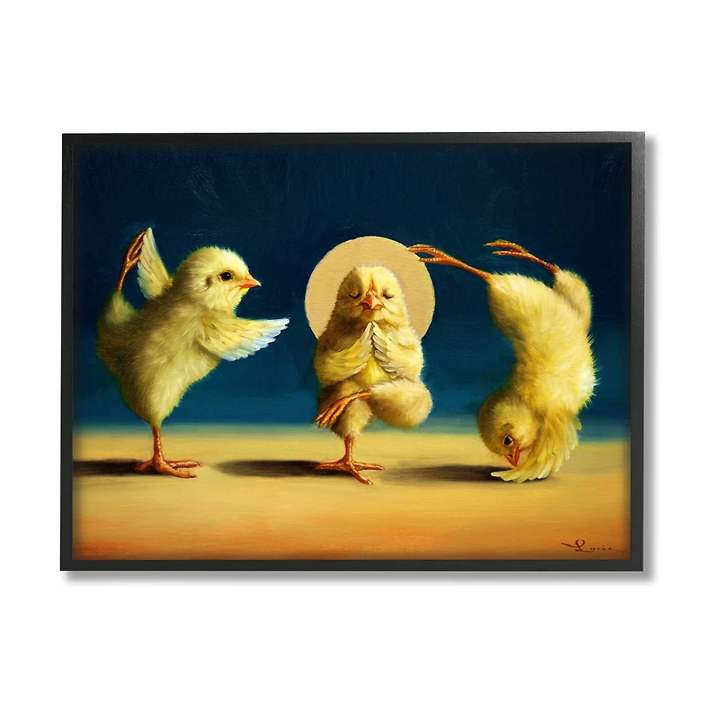 Stupell Industries Three Yellow Chicks Sunset Yoga Stretch Framed Giclee Art