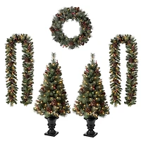 5-Piece Pre-Lit Glittered Pinecone Christmas Wreath, Garland & Flocked Christmas Tree, Warm White Lights