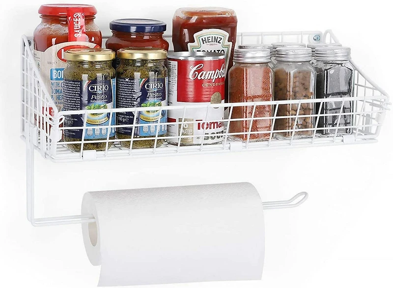 NEX™ 16" White Wall Mounted Wire Basket Shelf & Paper Roll Holder