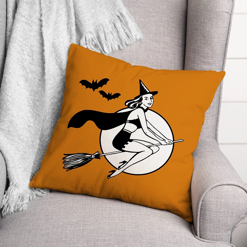 Retro Witch on Orange Spun Poly Throw Pillow