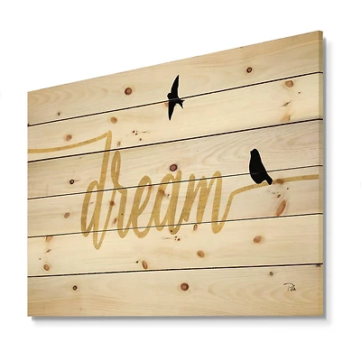 Designart - Family of Birds on Gold Words II - Cottage Print on Natural Pine Wood