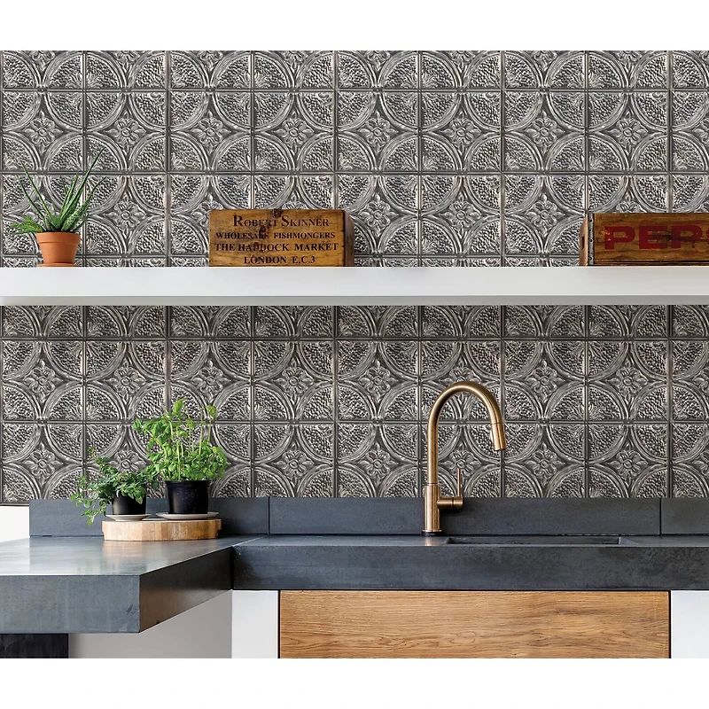 InHome Camden Antique Silver Faux Tin Peel & Stick Backsplash Tiles