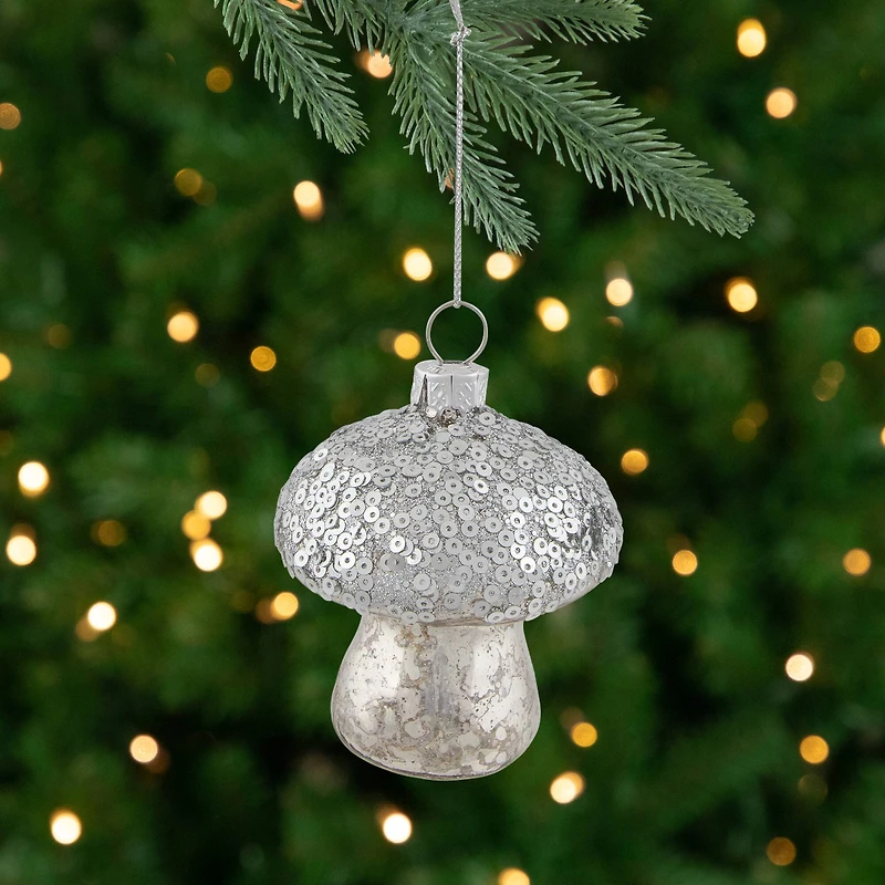 Sequined Mercury Glass Mushroom Christmas Ornament - 3.5" - Silver Finish