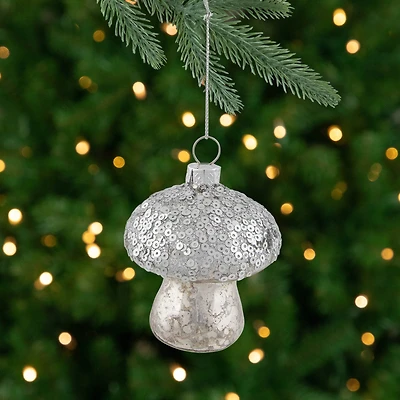 Sequined Mercury Glass Mushroom Christmas Ornament - 3.5" - Silver Finish