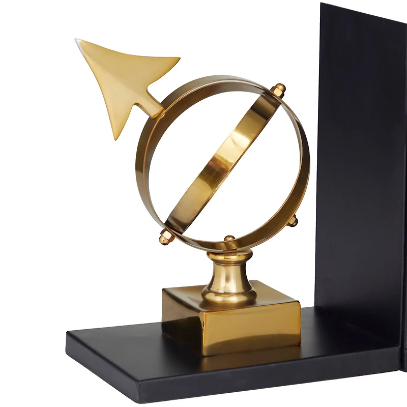 8" Gold Stainless Steel Armillary Bookends with Black Bases Set