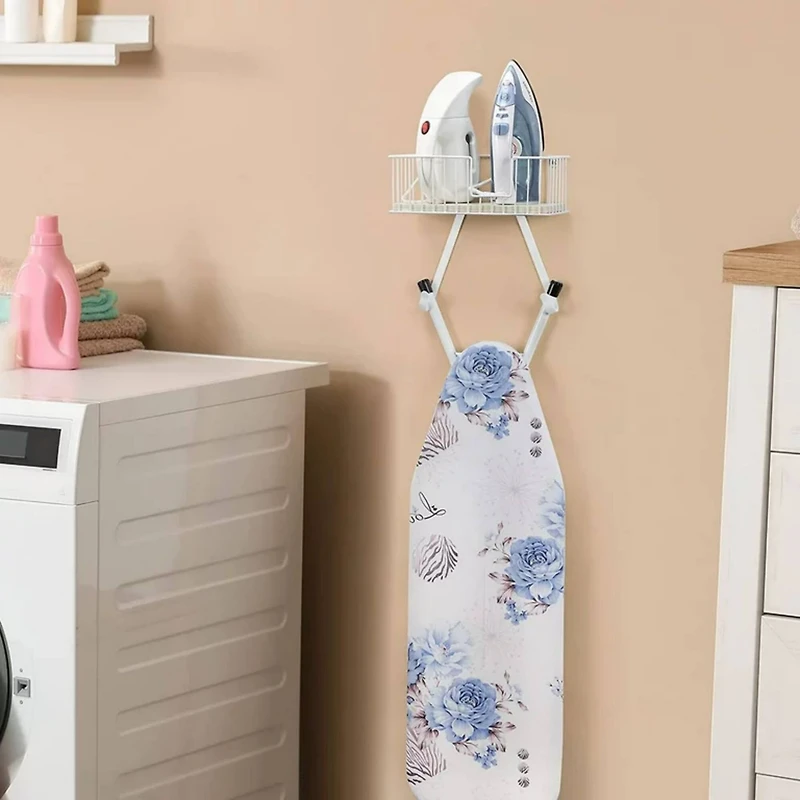 NEX™ White Wall-Mounted Y-Leg Ironing Board Hanger with Storage Basket
