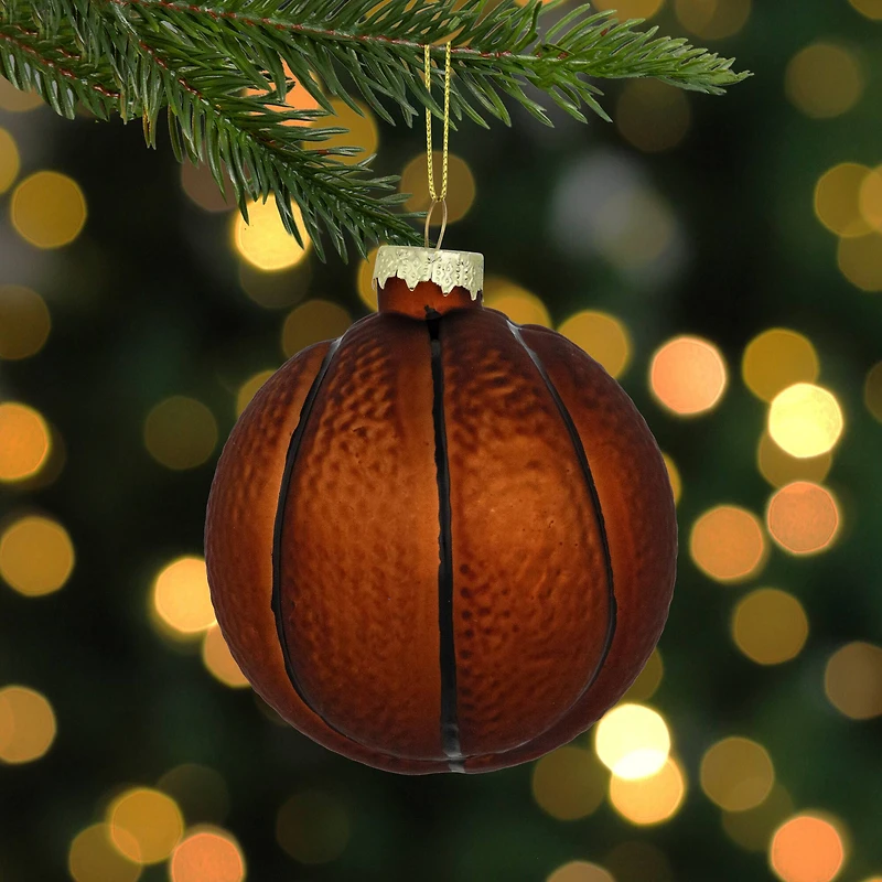 Basketball Glass Christmas Hanging Ornament - 3.5" - Orange and Black