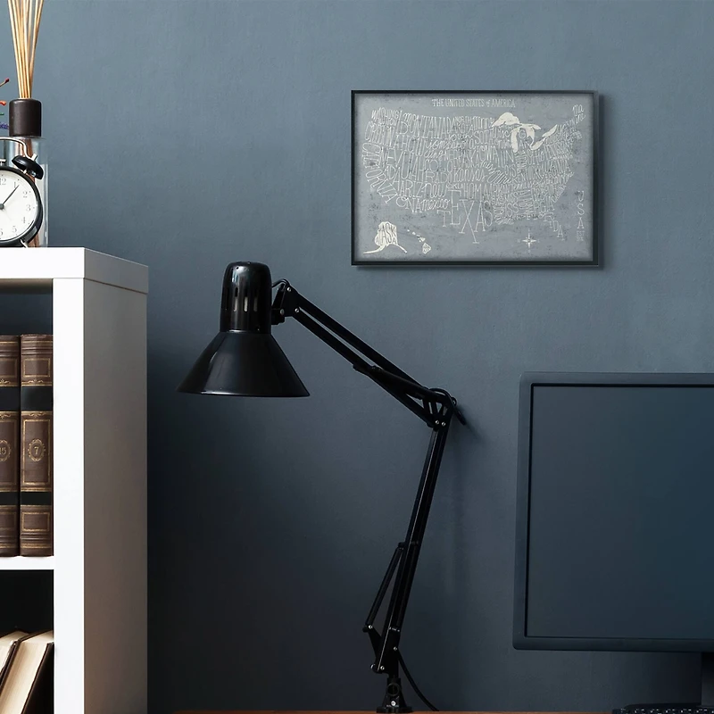 Stupell Industries Grey Distressed US Map Playful Typography Framed Giclee Art