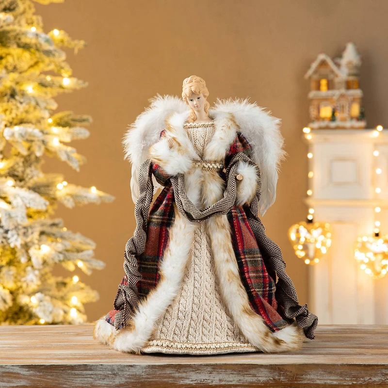 Glitzhome® 16.5" Faux Fur Woodland Christmas Angel Tree Topper