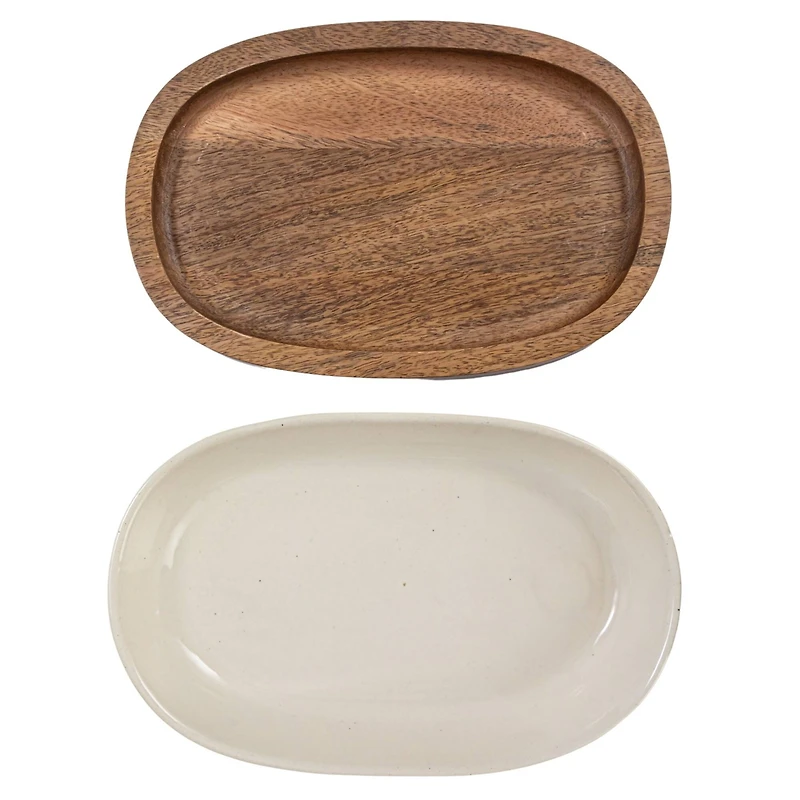 Hello Honey® 13" Cream Stoneware Serving Dish with Natural Mango Wood Base