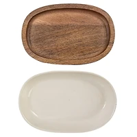 Hello Honey® 13" Cream Stoneware Serving Dish with Natural Mango Wood Base