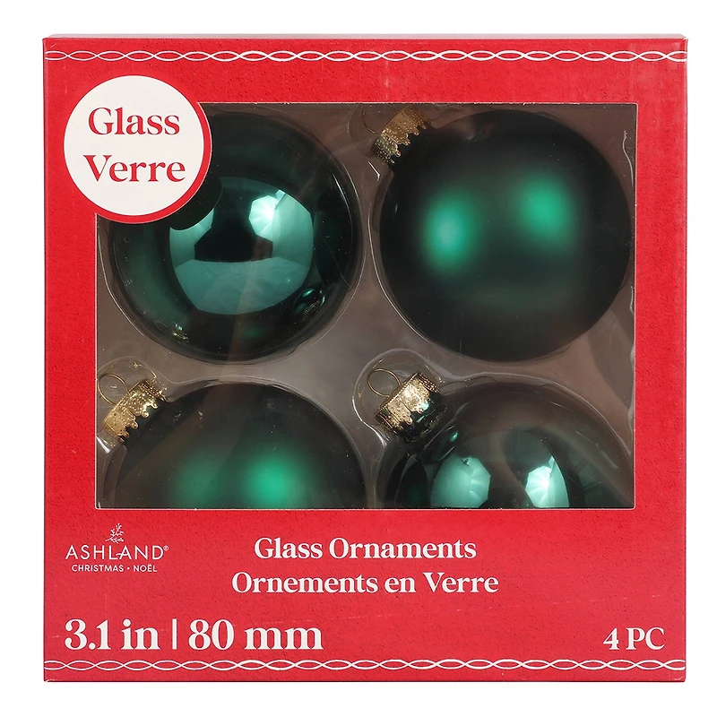 4 Pack 3" Dark Green Matte & Shiny Glass Ball Ornaments by Ashland®
