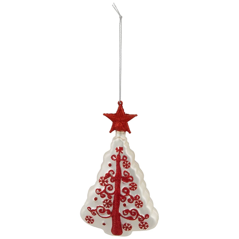 6" White & Red Christmas Tree Glass Ornament