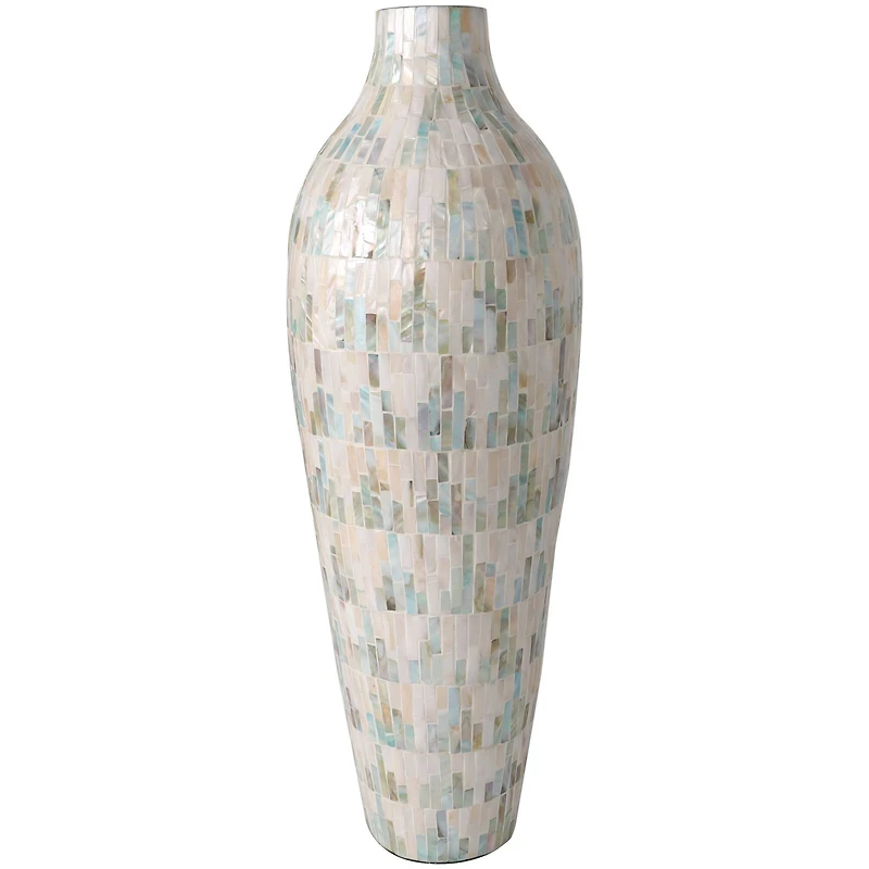 28" White Mother of Pearl Handmade Mosaic Inspired Vase with Pastel Blue & Pink Accents