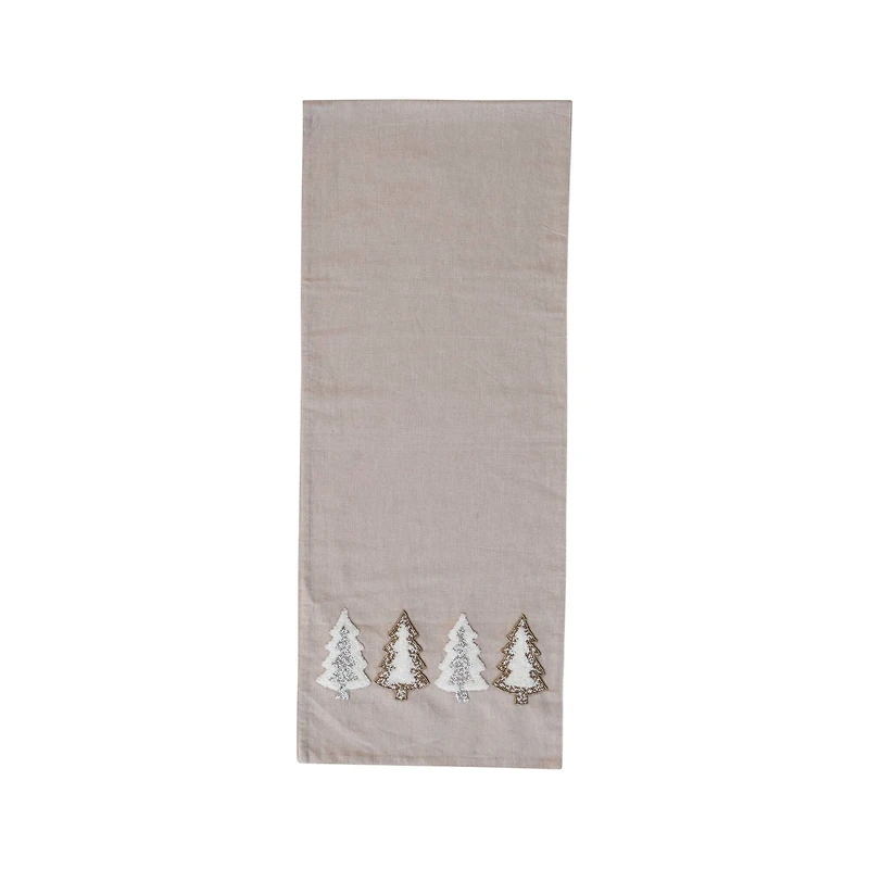 Hello Honey® 72" Natural Brown, Silver & Gold Cotton Chambray Table Runner with Embroidered Tufted Trees & Glass Beads