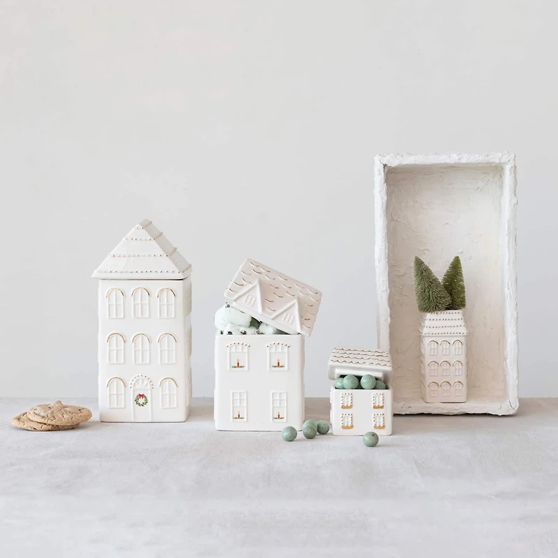 Hello Honey® White & Gold Hand-Painted Stoneware House Cookie Jar