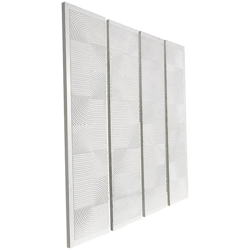 CosmoLiving by Cosmopolitan Wooden White Handmade Carved Panel Geometric Wall Art with Looped Sand Art Design, Set of 4