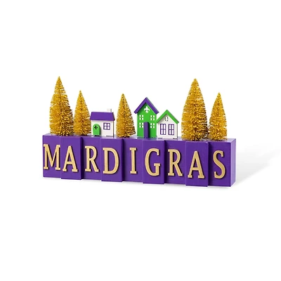 Glitzhome® 14" Mardi Gras Wooden House and Brush Trees Table Decor