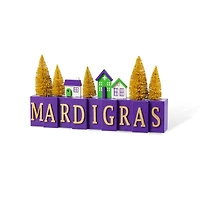 Glitzhome® 14" Mardi Gras Wooden House and Brush Trees Table Decor