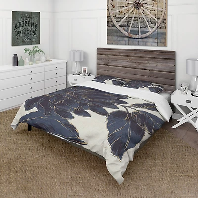 Designart 'Indigo Gold Metallic Flower' Farmhouse Bedding Set