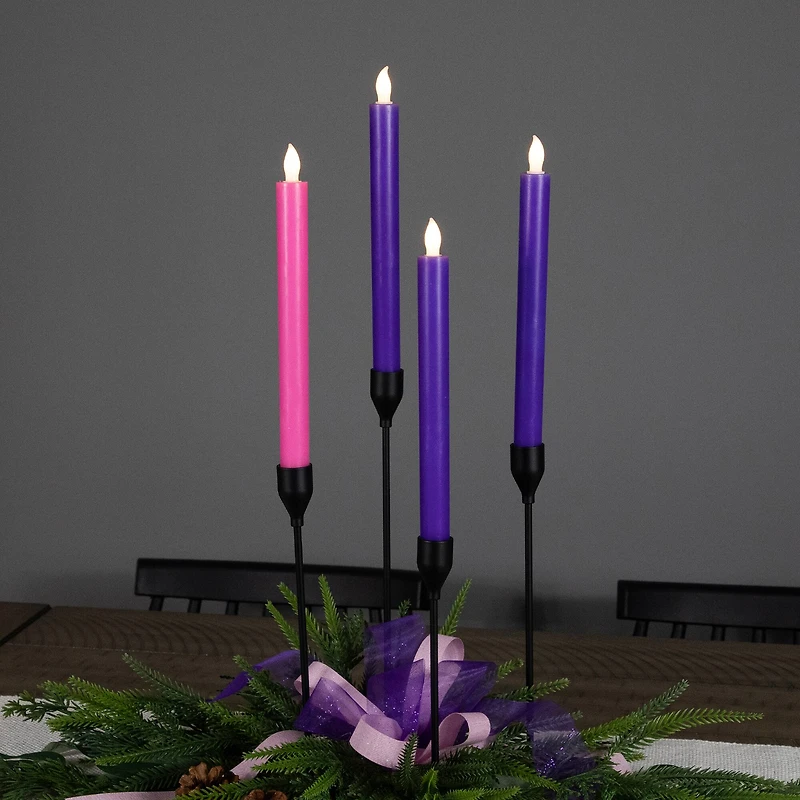 Set of 4 Purple and Pink Flickering LED Christmas Advent Wax Taper Candles 9.5"
