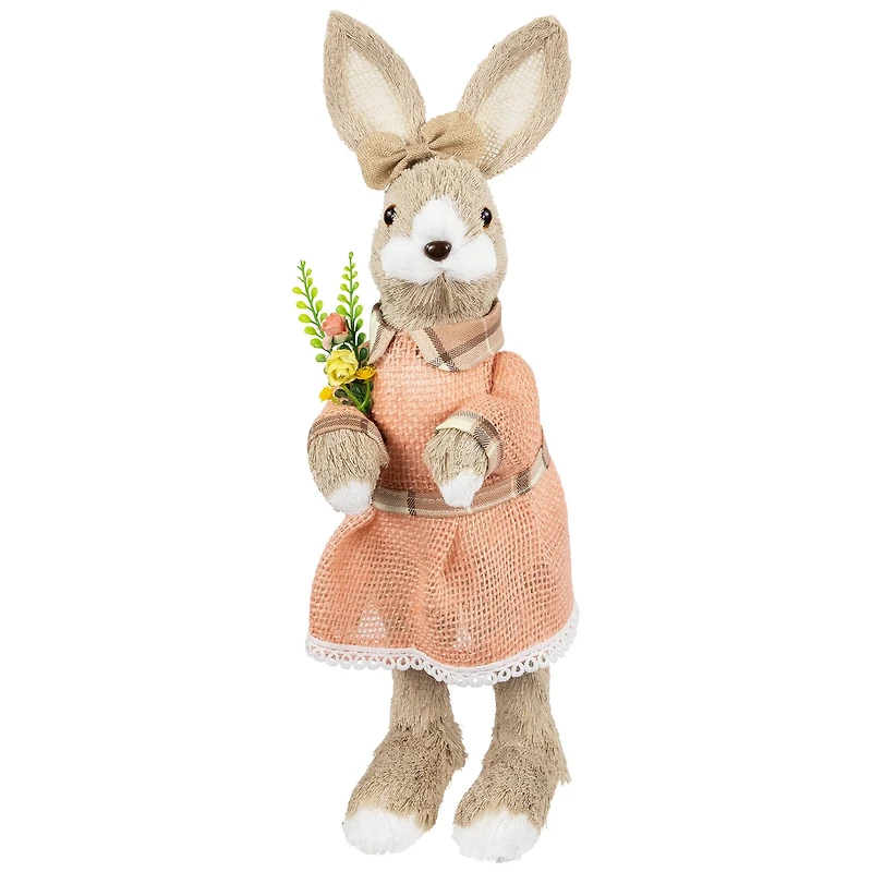 15.25" Beige Rustic Girl Rabbit Easter Figure with Flowers