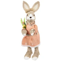 15.25" Beige Rustic Girl Rabbit Easter Figure with Flowers