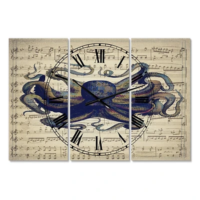 Designart 'Octopus Music Score I Oversized Nautical & Coastal Multipanel Wall Clock