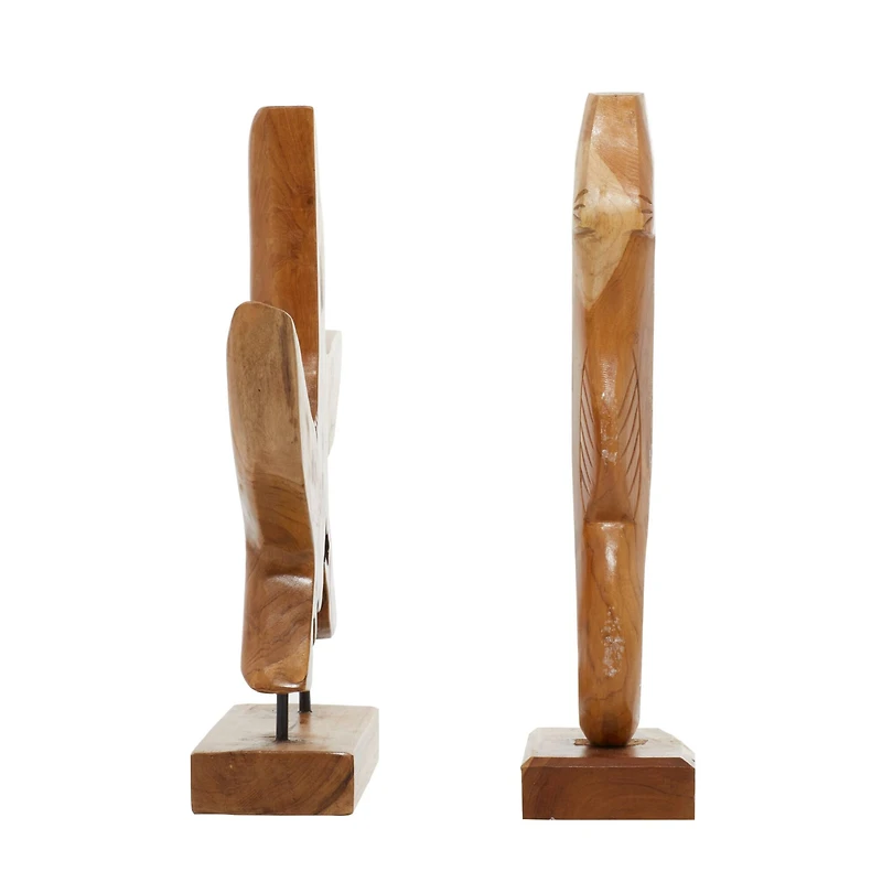 Set of 2 Brown Teak Wood Natural Sculpture 17", 18"