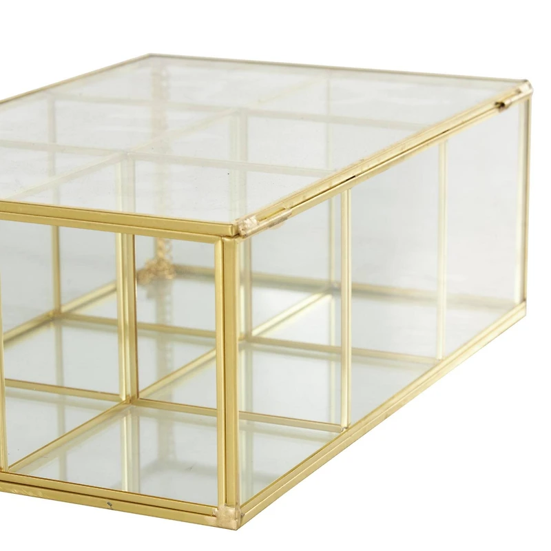 10" x 7" x 4" Clear & Gold 6-Slot Glass & Metal Jewelry Box with Chain Accent