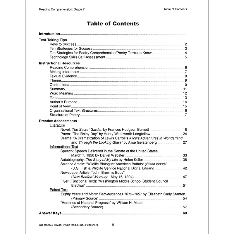 Mark Twain Reading Comprehension Workbook