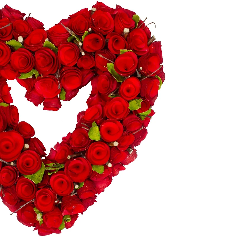 Red Wooden Rose Floral Heart Shaped Artificial Valentine's Day Wreath 14"