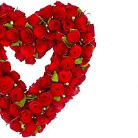 Red Wooden Rose Floral Heart Shaped Artificial Valentine's Day Wreath 14"