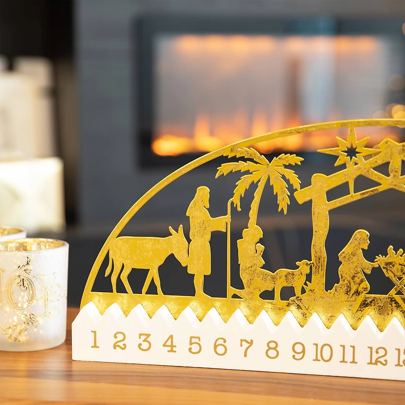 Glitzhome® 23.5" Wooden & Metal Gold Foil Nativity Countdown Calendar Décor