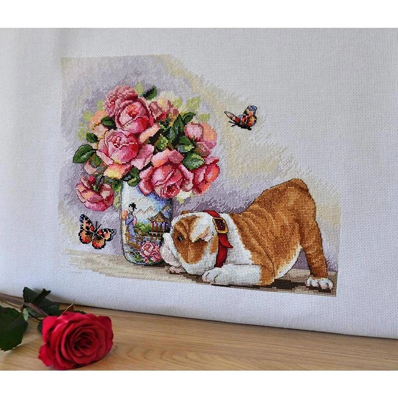 Merejka Bulldog and Buterflies Counted Cross Stitch Kit